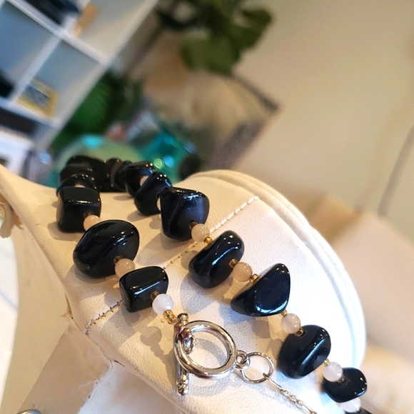 STERLING SILVER QUARTZ ONYX LAYERING STACK NECKLACE LONG - Picture 3 of 6